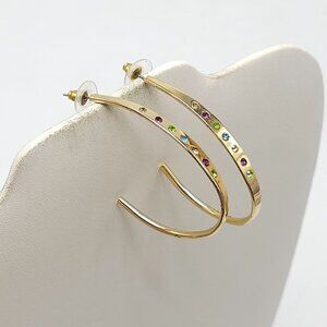 Gold Tone Multicolor Rhinestone Hoop Earrings With Clear Backings Vintage